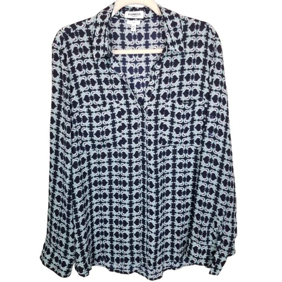 Express Womens XL Navy Blue All Over Print Slim Fit Portofino Shirt Pocket